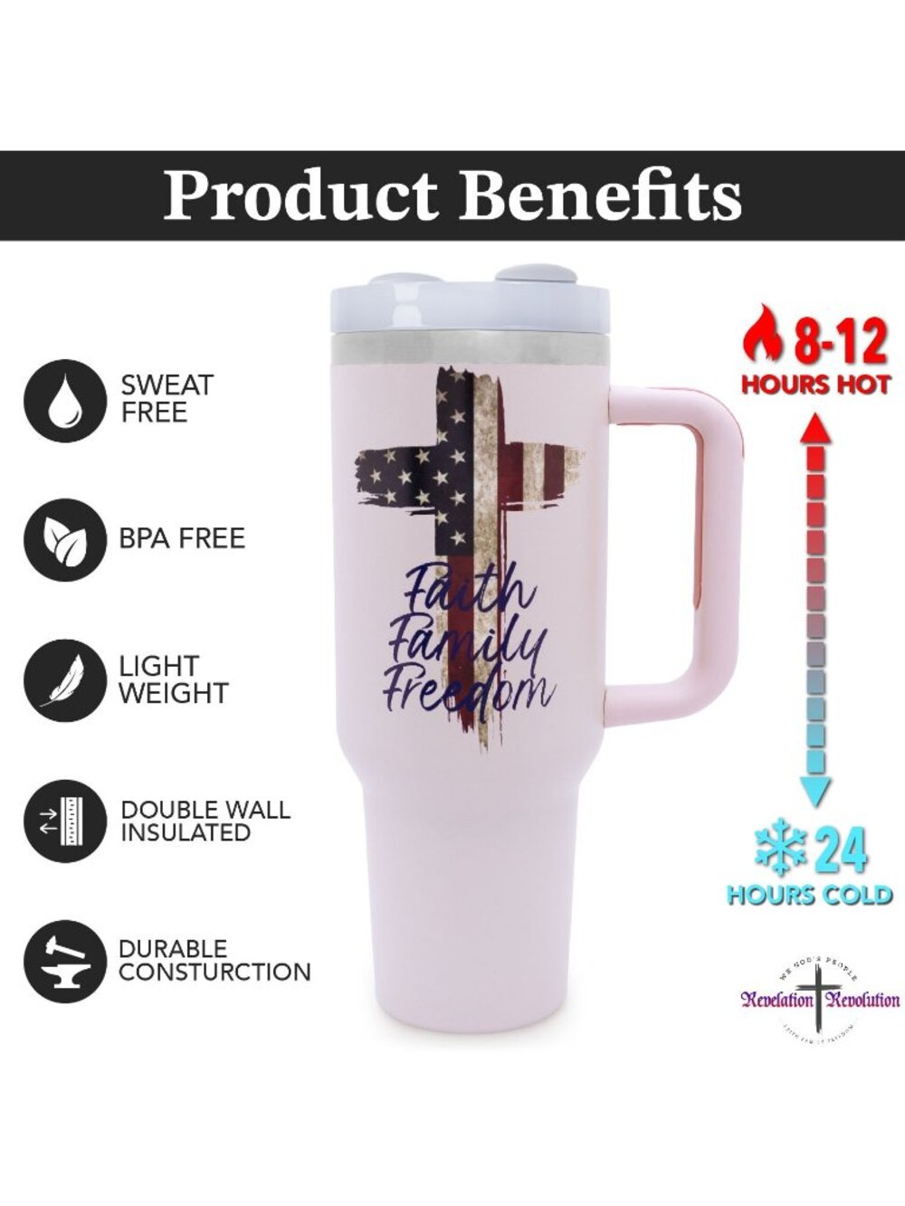 Patriotic 40 oz Tumbler American Flag Cross Insulated Mug Faith Family Freedom - Picture 3 of 9